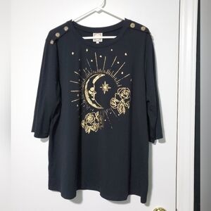 Truself Black and Gold Moon Graphic Women's Top Size 3X